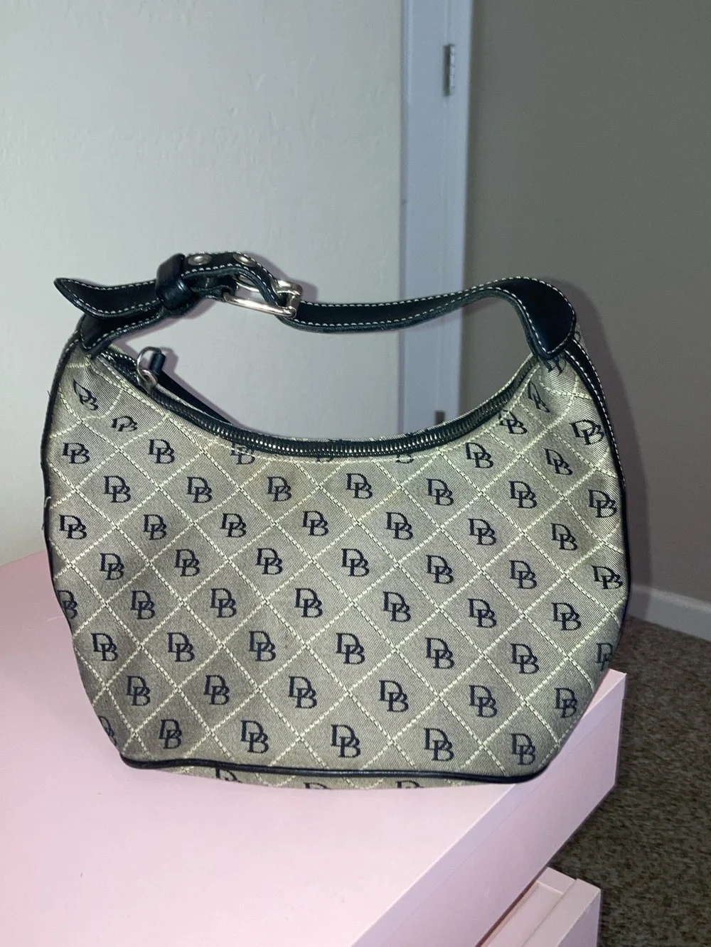 Dooney & Bourke Gray and Black Monogram Crescent Shoulder Bag